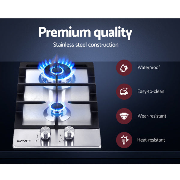 Devanti Gas Cooktop 30cm Gas Stove Cooker 2 Burner Cook Top Konbs NG LPG Steel Devanti
