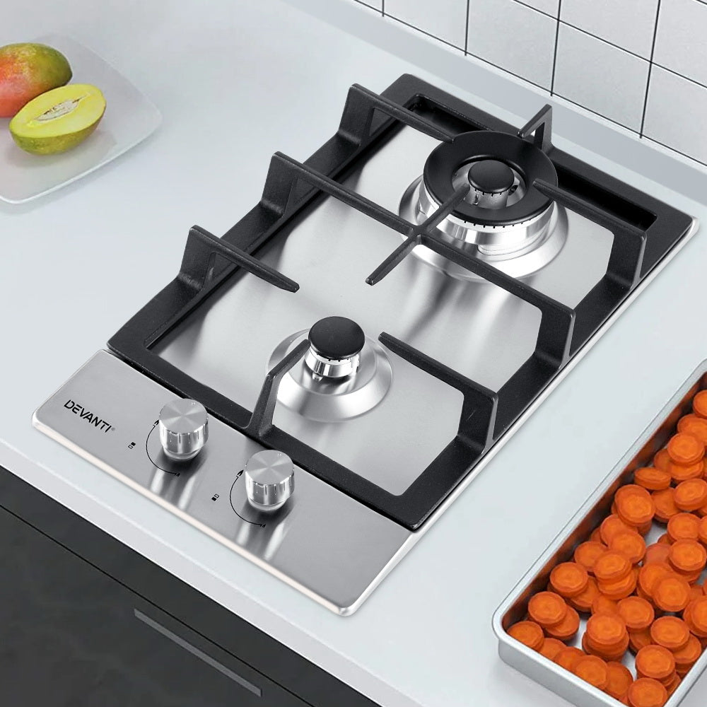 Devanti Gas Cooktop 30cm Gas Stove Cooker 2 Burner Cook Top Konbs NG LPG Steel Devanti