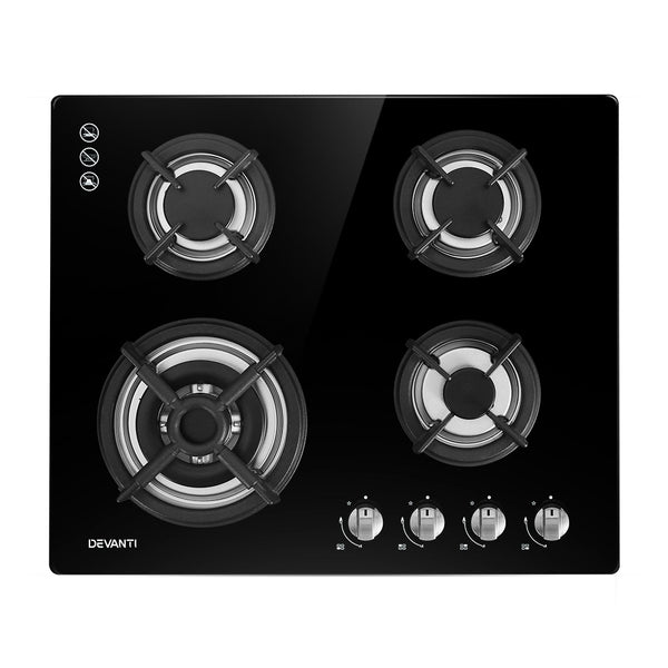 Devanti Gas Cooktop 60cm 4 Burner Ceramic Glass Cook Top Stove Hob Cooker LPG NG Black freeshipping - Awezingly