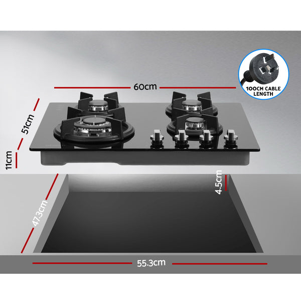 Devanti Gas Cooktop 60cm 4 Burner Ceramic Glass Cook Top Stove Hob Cooker LPG NG Black freeshipping - Awezingly