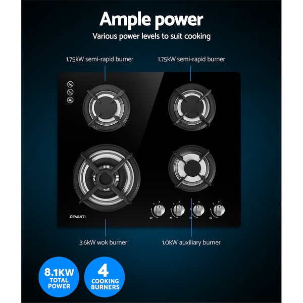 Devanti Gas Cooktop 60cm 4 Burner Ceramic Glass Cook Top Stove Hob Cooker LPG NG Black freeshipping - Awezingly