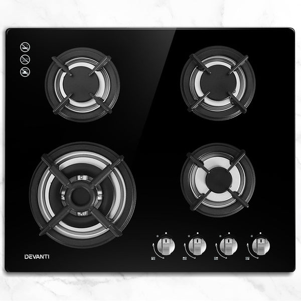 Devanti Gas Cooktop 60cm 4 Burner Ceramic Glass Cook Top Stove Hob Cooker LPG NG Black freeshipping - Awezingly