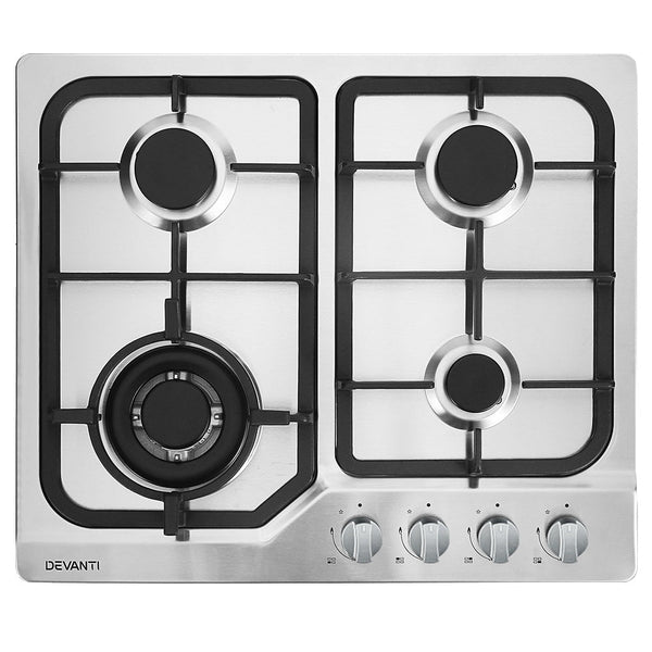 Devanti Gas Cooktop 60cm Gas Stove Cooker 4 Burner Cook Top Konbs NG LPG Steel Devanti