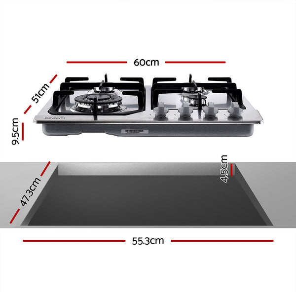 Devanti Gas Cooktop 60cm Gas Stove Cooker 4 Burner Cook Top Konbs NG LPG Steel Devanti