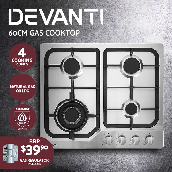 Devanti Gas Cooktop 60cm Gas Stove Cooker 4 Burner Cook Top Konbs NG LPG Steel Devanti