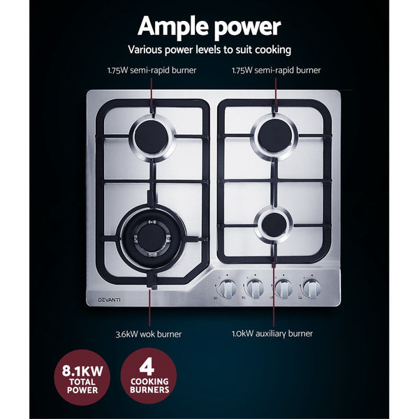Devanti Gas Cooktop 60cm Gas Stove Cooker 4 Burner Cook Top Konbs NG LPG Steel Devanti