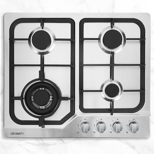 Devanti Gas Cooktop 60cm Gas Stove Cooker 4 Burner Cook Top Konbs NG LPG Steel Devanti