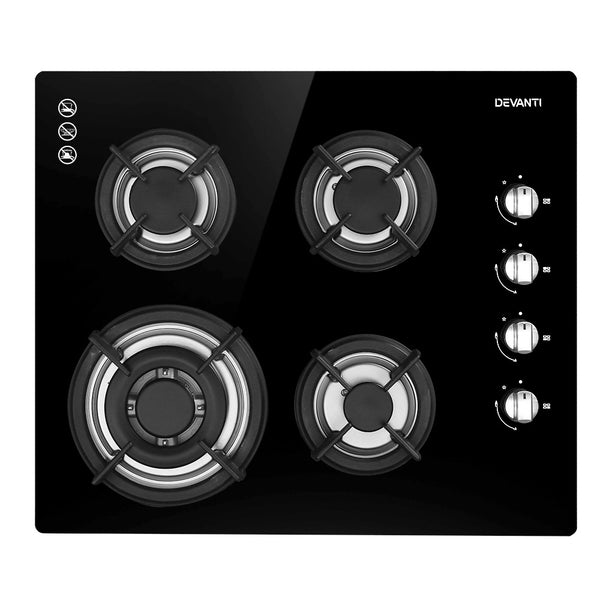 Devanti Gas Cooktop 60cm 4 Burner Glass Cook Top Cooker Stove Hob NG LPG Black freeshipping - Awezingly