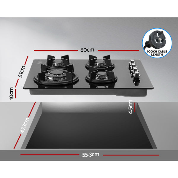 Devanti Gas Cooktop 60cm 4 Burner Glass Cook Top Cooker Stove Hob NG LPG Black freeshipping - Awezingly