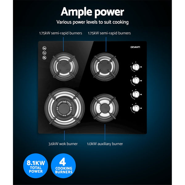 Devanti Gas Cooktop 60cm 4 Burner Glass Cook Top Cooker Stove Hob NG LPG Black freeshipping - Awezingly