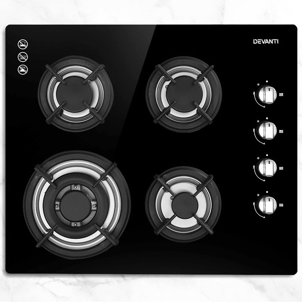 Devanti Gas Cooktop 60cm 4 Burner Glass Cook Top Cooker Stove Hob NG LPG Black freeshipping - Awezingly