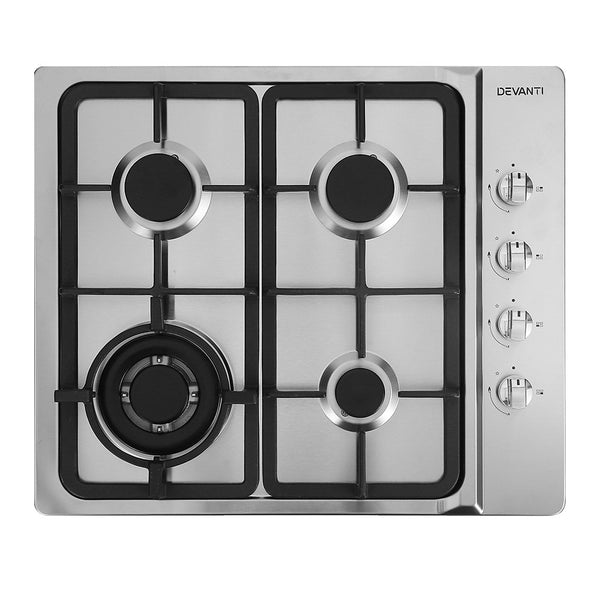 Devanti Gas Cooktop 60cm Kitchen Stove 4 Burner Cook Top NG LPG Stainless Steel Silver freeshipping - Awezingly