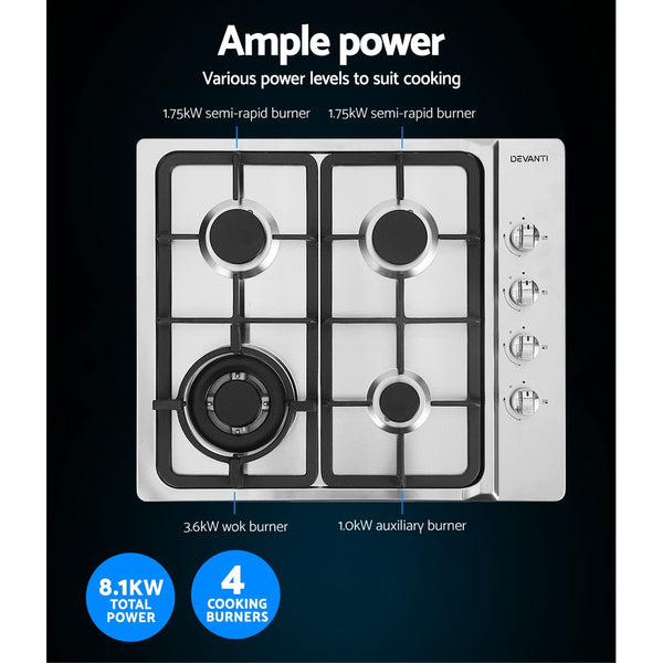 Devanti Gas Cooktop 60cm Kitchen Stove 4 Burner Cook Top NG LPG Stainless Steel Silver freeshipping - Awezingly