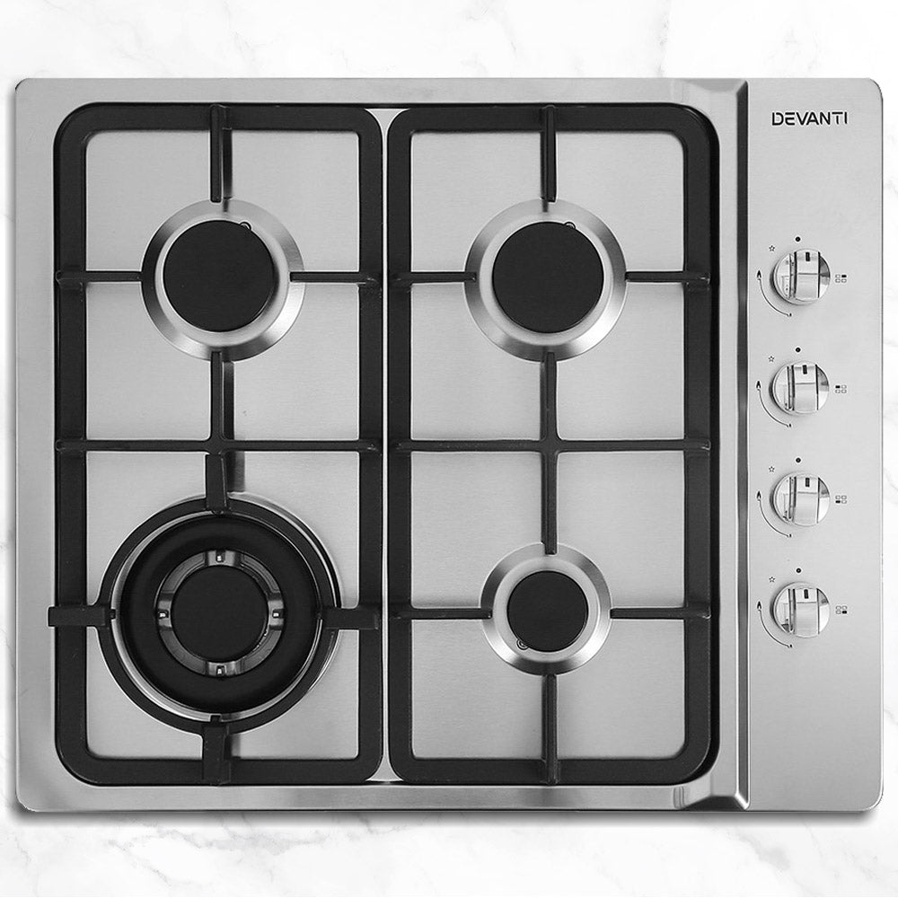 Devanti Gas Cooktop 60cm Kitchen Stove 4 Burner Cook Top NG LPG Stainless Steel Silver freeshipping - Awezingly