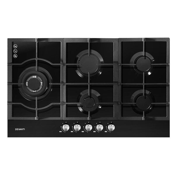 Devanti Gas Cooktop 90cm 5 Burner Stove Hob Cooker Kitchen NG LPG Black Glass Devanti