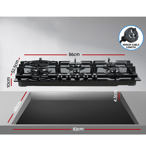 Devanti Gas Cooktop 90cm 5 Burner Stove Hob Cooker Kitchen NG LPG Black Glass Devanti