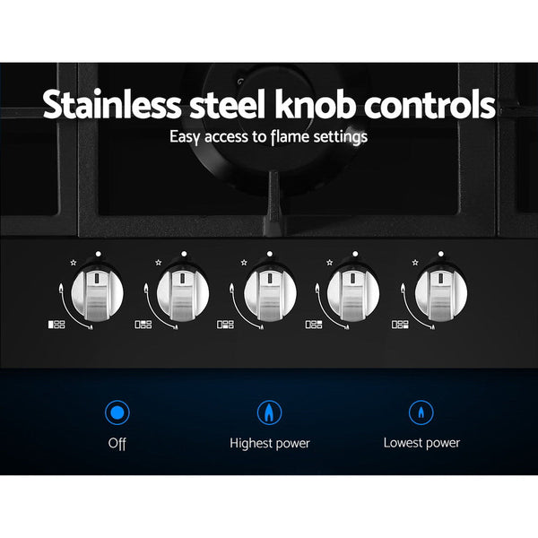 Devanti Gas Cooktop 90cm 5 Burner Stove Hob Cooker Kitchen NG LPG Black Glass Devanti