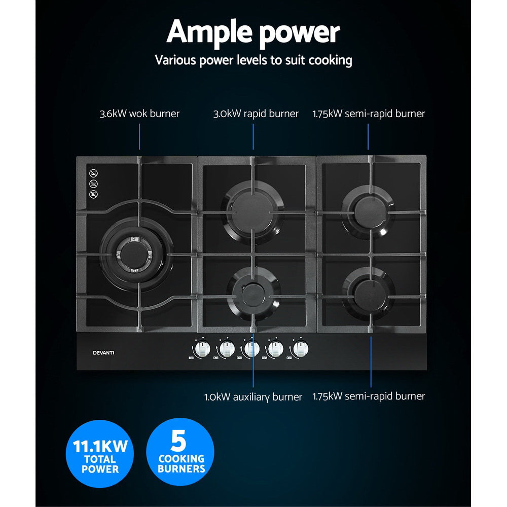 Devanti Gas Cooktop 90cm 5 Burner Stove Hob Cooker Kitchen NG LPG Black Glass Devanti