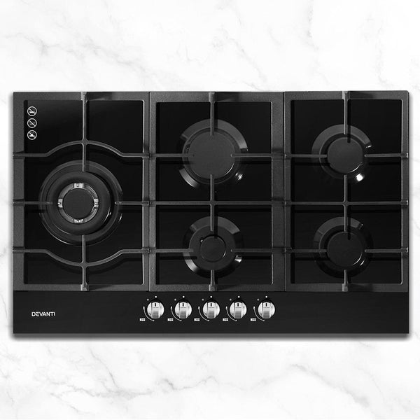 Devanti Gas Cooktop 90cm 5 Burner Stove Hob Cooker Kitchen NG LPG Black Glass Devanti