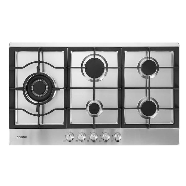 Devanti Gas Cooktop 90cm Kitchen Stove Cooker 5 Burner Stainless Steel NG/LPG Silver freeshipping - Awezingly