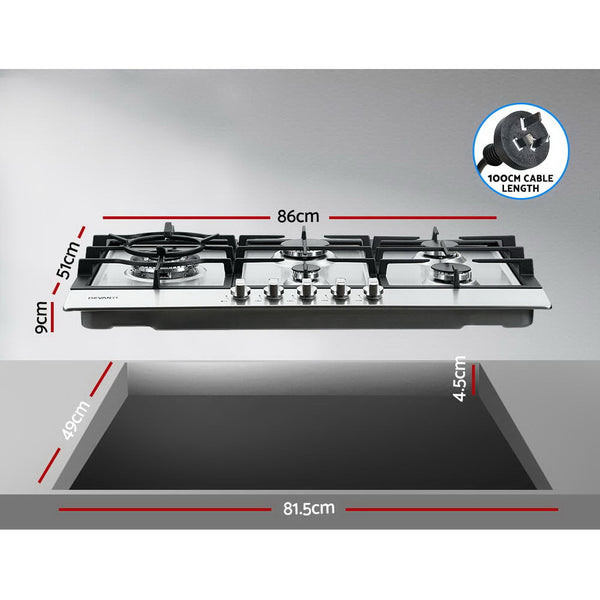 Devanti Gas Cooktop 90cm Kitchen Stove Cooker 5 Burner Stainless Steel NG/LPG Silver freeshipping - Awezingly