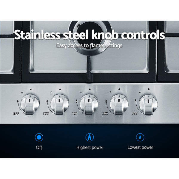 Devanti Gas Cooktop 90cm Kitchen Stove Cooker 5 Burner Stainless Steel NG/LPG Silver freeshipping - Awezingly