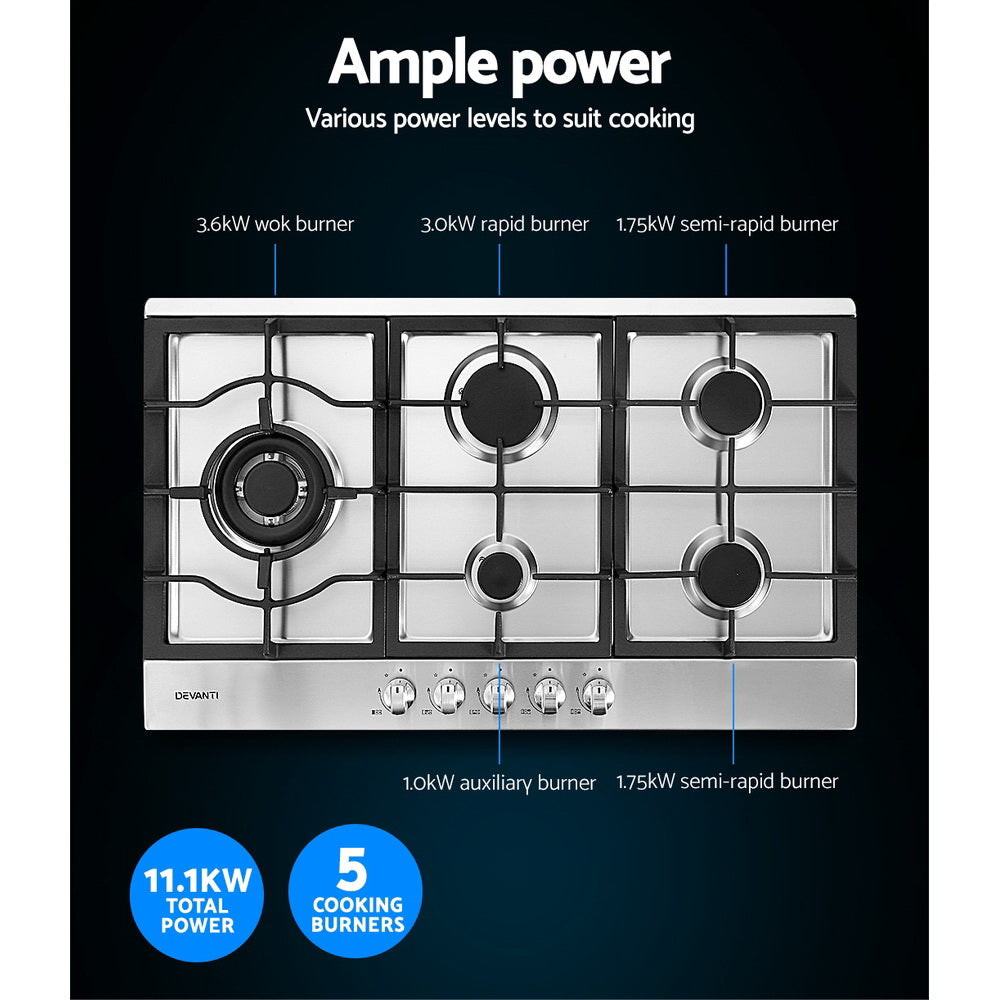 Devanti Gas Cooktop 90cm Kitchen Stove Cooker 5 Burner Stainless Steel NG/LPG Silver freeshipping - Awezingly