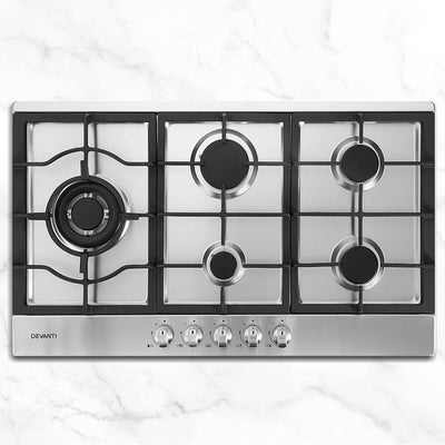 Devanti Gas Cooktop 90cm Kitchen Stove Cooker 5 Burner Stainless Steel NG/LPG Silver