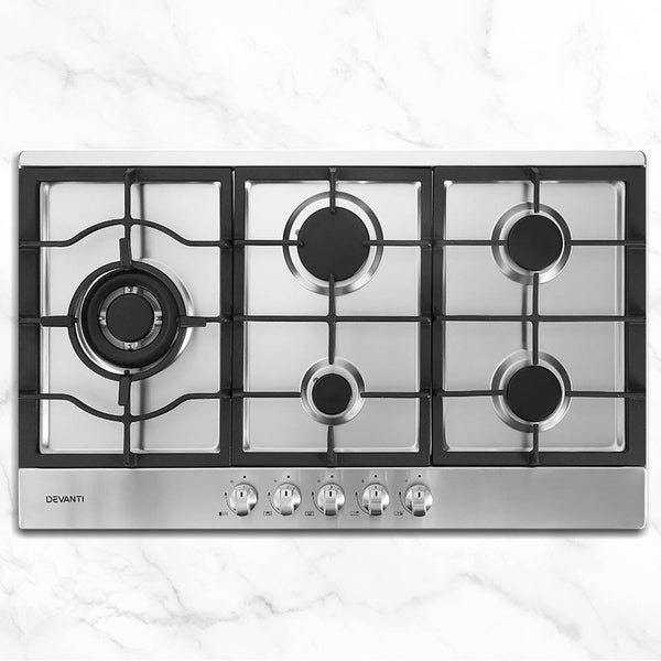 Devanti Gas Cooktop 90cm Kitchen Stove Cooker 5 Burner Stainless Steel NG/LPG Silver freeshipping - Awezingly