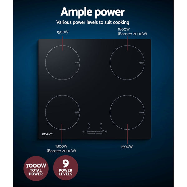 Devanti Electric Induction Cooktop 60cm Ceramic 4 Zones Stove Cook Top Hot Plate Devanti