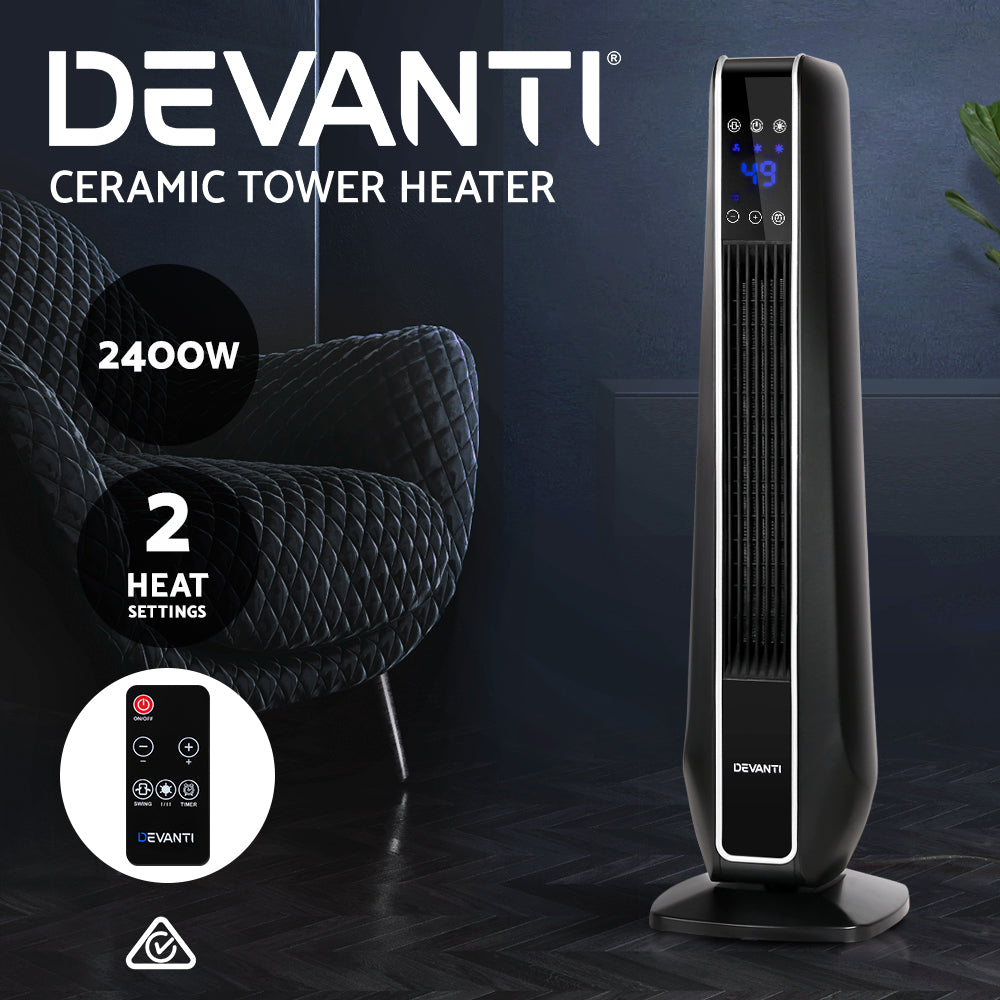 Devanti Electric Ceramic Tower Fan Heater Portable Oscillating Remote Control 2400W Black freeshipping - Awezingly