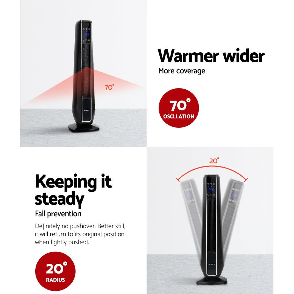 Devanti Electric Ceramic Tower Fan Heater Portable Oscillating Remote Control 2400W Black freeshipping - Awezingly