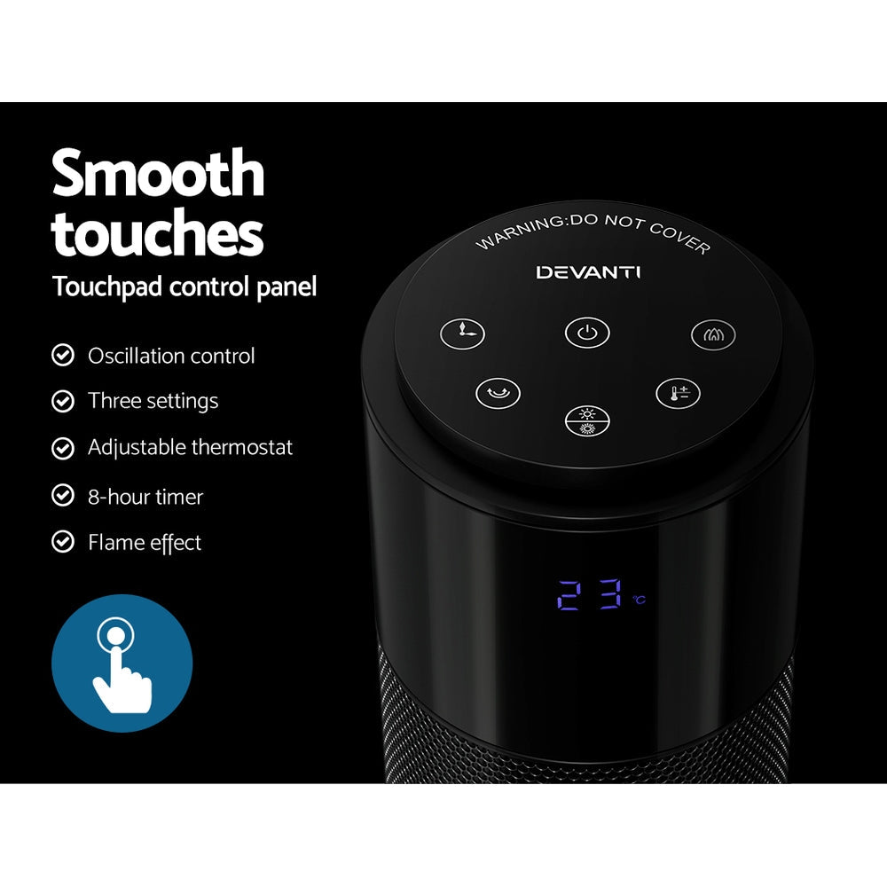 Devanti Electric Ceramic Tower Heater 3D Flame Oscillating Remote Control 2000W Devanti