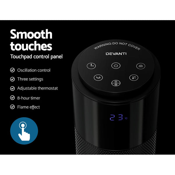 Devanti Electric Ceramic Tower Heater 3D Flame Oscillating Remote Control 2000W Devanti