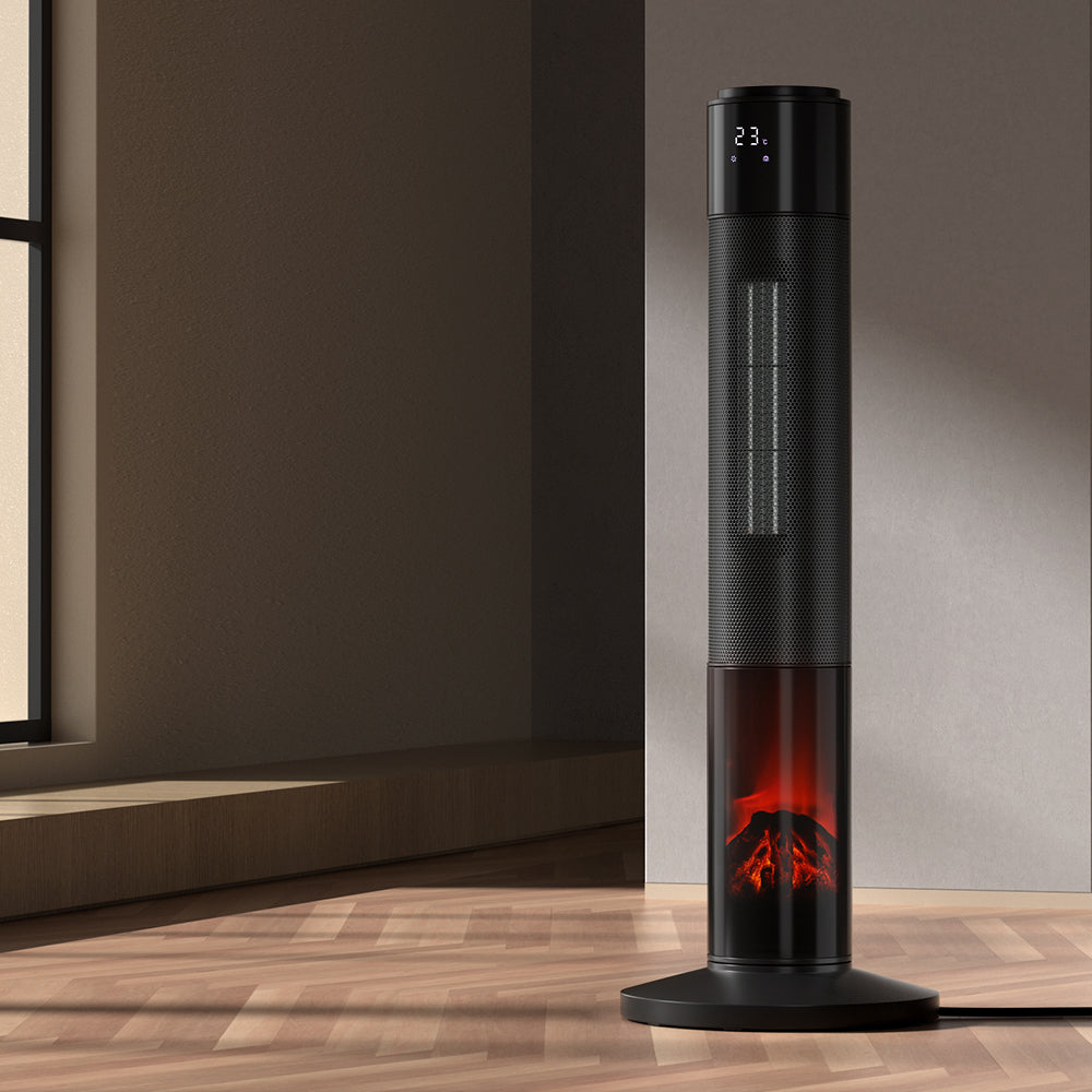 Devanti Electric Ceramic Tower Heater 3D Flame Oscillating Remote Control 2000W Devanti