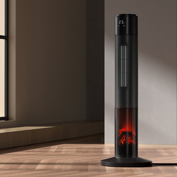 Devanti Electric Ceramic Tower Heater 3D Flame Oscillating Remote Control 2000W Devanti