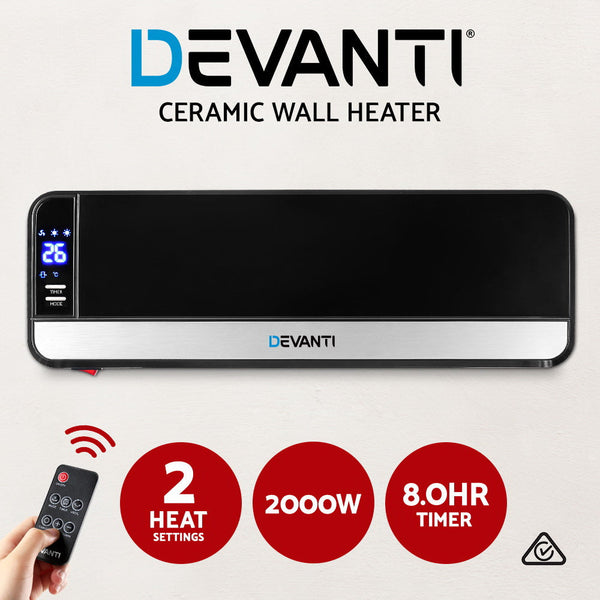 Devanti 2000W Wall Mounted Panel Heater - Black Devanti