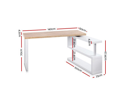 Artiss Rotary Corner Desk with Bookshelf - Brown & White freeshipping - Awezingly