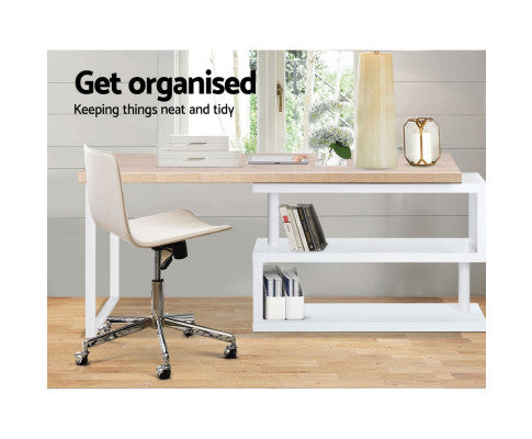 Artiss Rotary Corner Desk with Bookshelf - Brown & White freeshipping - Awezingly