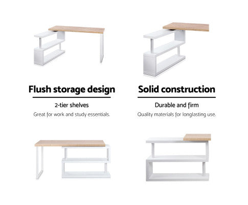 Artiss Rotary Corner Desk with Bookshelf - Brown & White freeshipping - Awezingly