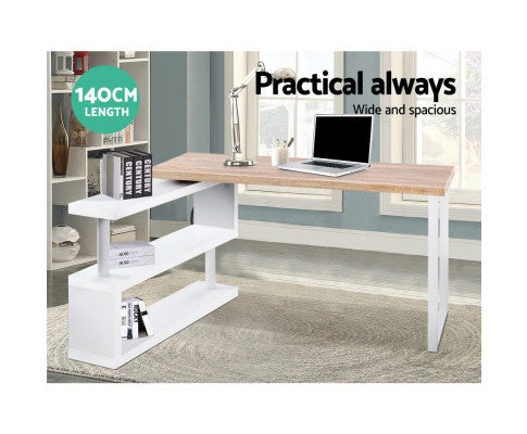 Artiss Rotary Corner Desk with Bookshelf - Brown & White freeshipping - Awezingly