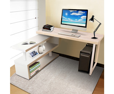 Artiss Rotary Corner Desk with Bookshelf - Brown & White freeshipping - Awezingly