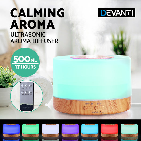 DEVANTI Aroma Diffuser Aromatherapy LED Night Light Air Humidifier Purifier Round Light Wood Grain 500ml Remote Control freeshipping - Awezingly