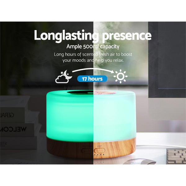 DEVANTI Aroma Diffuser Aromatherapy LED Night Light Air Humidifier Purifier Round Light Wood Grain 500ml Remote Control freeshipping - Awezingly
