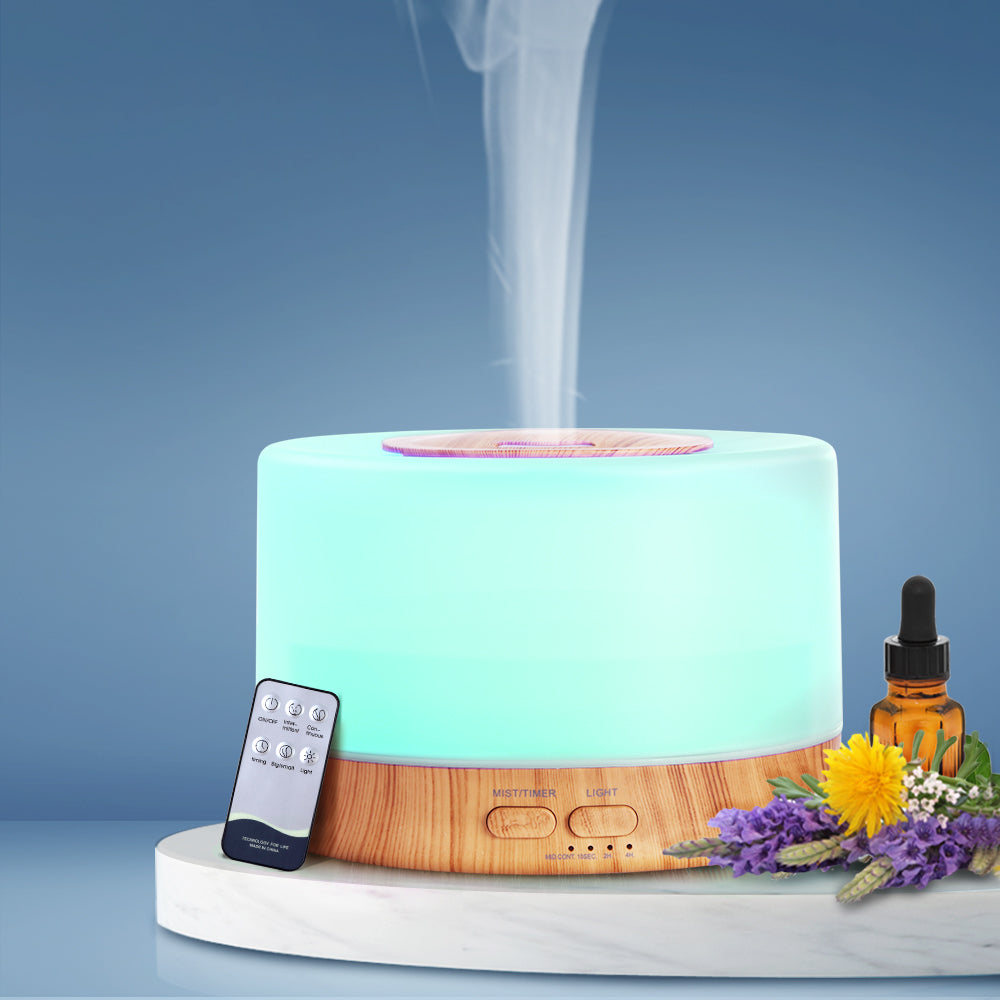 DEVANTI Aroma Diffuser Aromatherapy LED Night Light Air Humidifier Purifier Round Light Wood Grain 500ml Remote Control freeshipping - Awezingly