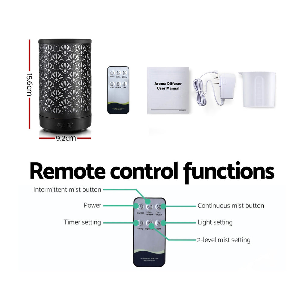 Devanti Aroma Diffuser Aromatherapy Essential Oils Metal Cover Ultrasonic Cool Mist 100ml Remote Control Black freeshipping - Awezingly