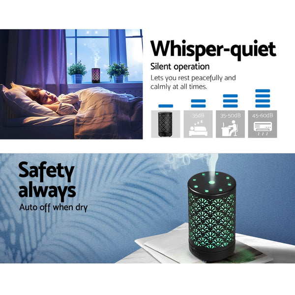 Devanti Aroma Diffuser Aromatherapy Essential Oils Metal Cover Ultrasonic Cool Mist 100ml Remote Control Black freeshipping - Awezingly