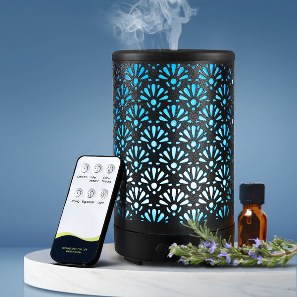 Devanti Aroma Diffuser Aromatherapy Essential Oils Metal Cover Ultrasonic Cool Mist 100ml Remote Control Black freeshipping - Awezingly