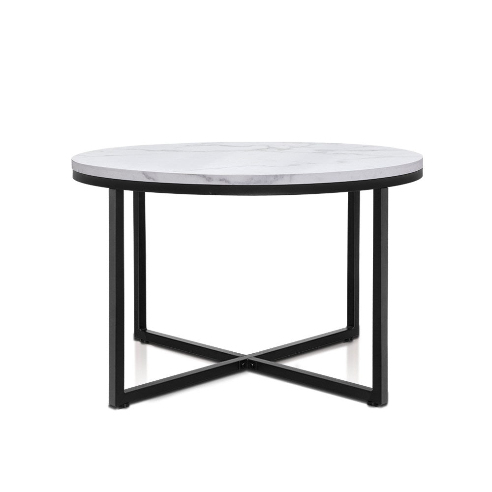 Artiss Coffee Table Marble Effect Round Black Metal 70X70CM freeshipping - Awezingly
