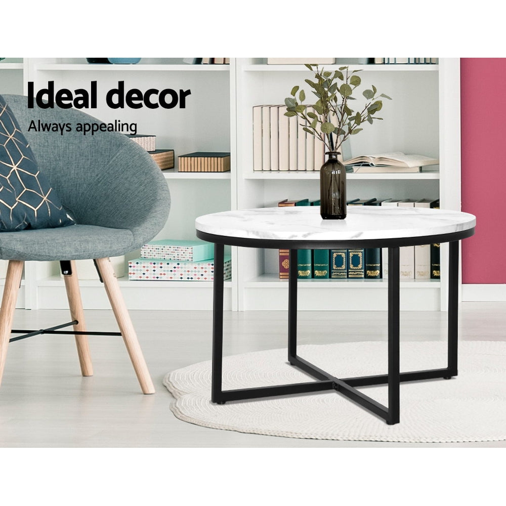 Artiss Coffee Table Marble Effect Round Black Metal 70X70CM freeshipping - Awezingly